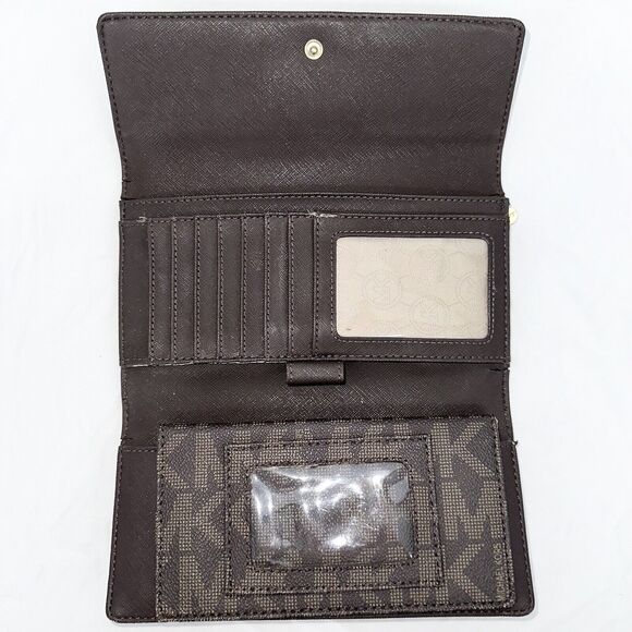 Michael Kors Women's Jet Set Large Checkbook Wallet Brown Signature MK Monogram - Picture 4 of 9